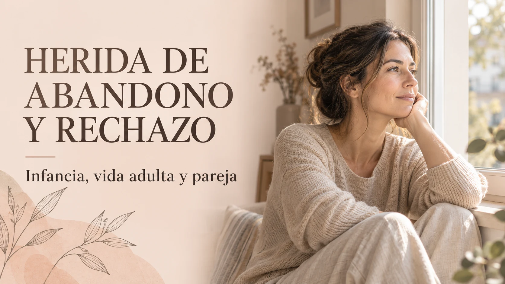 Mujer junto a una ventana y título «Herida de abandono y rechazo: infancia, vida adulta y pareja».